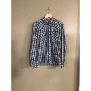 Wrangler Men’s M Long Sleeve Pearl Snap Shirt Blue & White Western Country Date